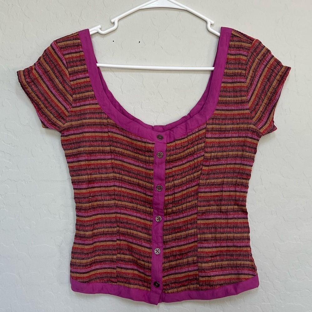 Free People Short Sleeve Button Front Top in Pink and Brown Stripes